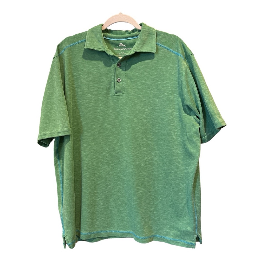 Tommy‎ Bahama Polo Shirt Lime Green With Blue Stitching Size Large Short Sleeve